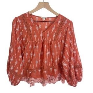 American Eagle Embroidered Peasant Top orange and White XS